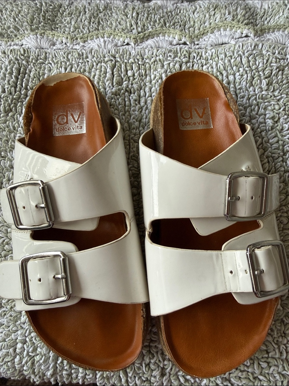 Dolce Vita Cream Patent Double-Buckle Slide Sandals
